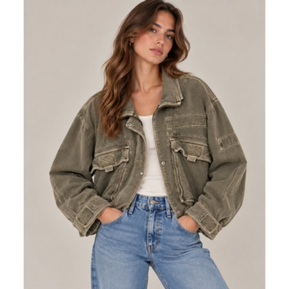 We The Free Jacket Womens Medium Green Cotton Utility Military Boxy Oversized